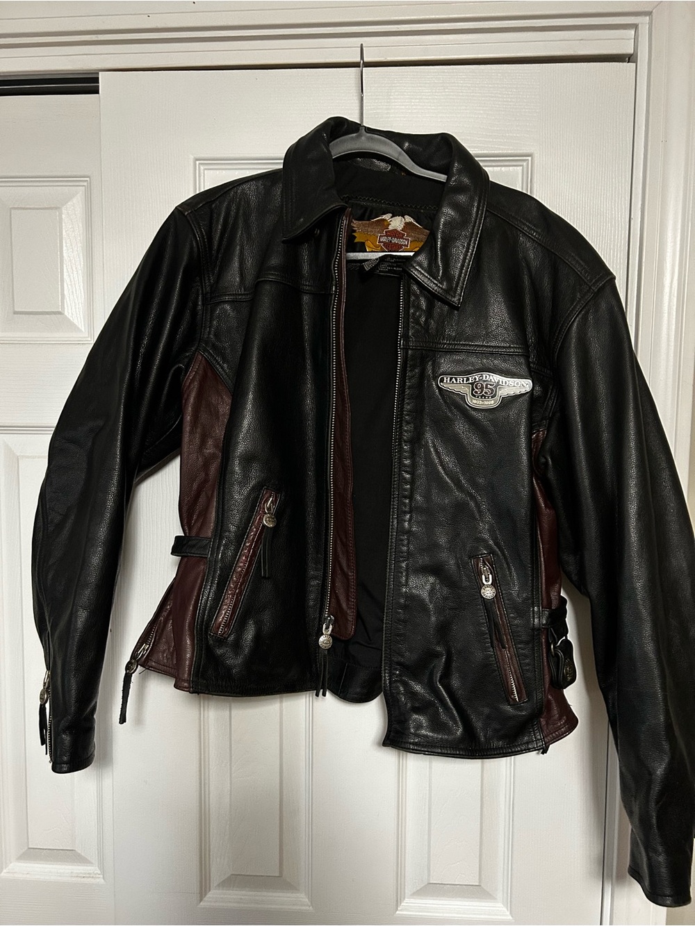 Harley-Davidson Black Leather Bomber Jacket with Dark Brown Panels